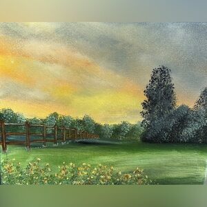 Golden Sunset Meadow Canvas Art - Green and Yellow Landscape